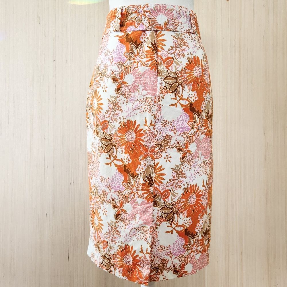 Nordstrom 1901 Retro Orange Pink Floral Belted Straight Pencil Skirt Size 8 Boho - Picture 3 of 10
